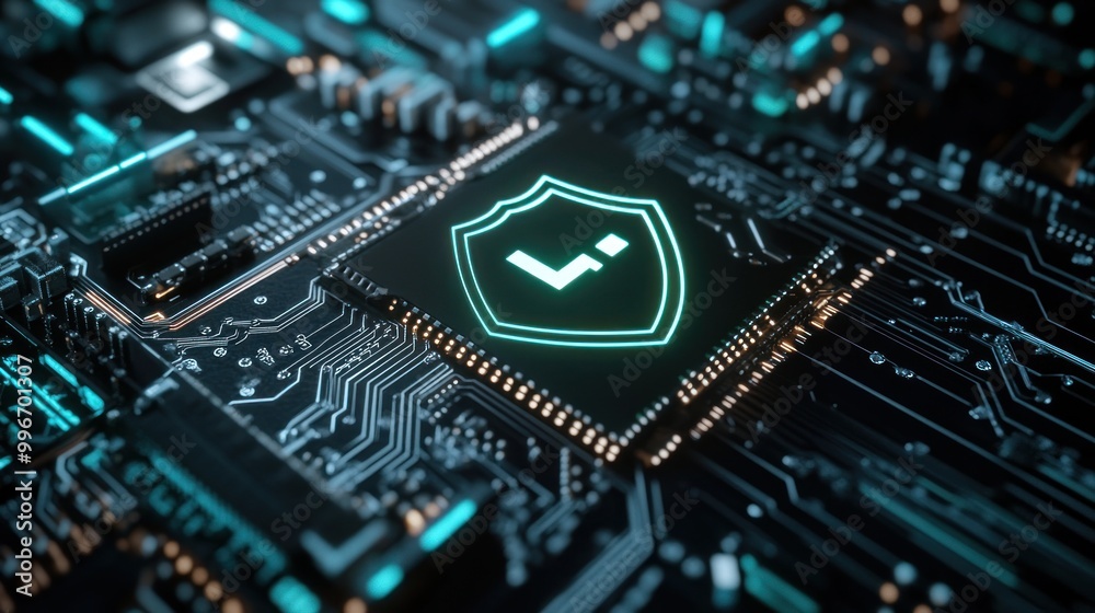 A close-up of a circuit board featuring a shield symbol, indicating security technology. A close-up of a circuit board featuring a shield symbol, indicating security technology.