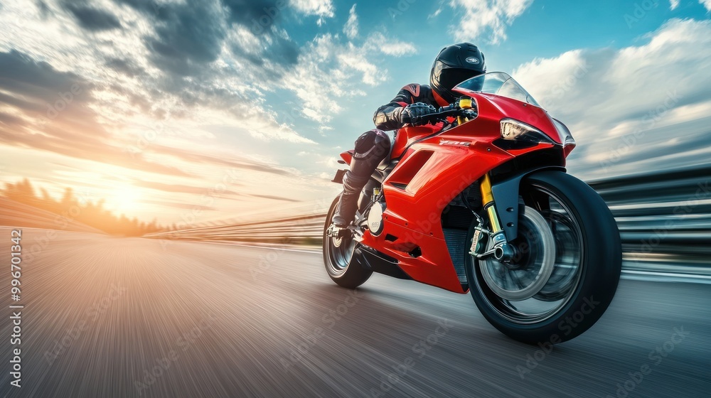 A red motorcycle speeds down a racetrack with a blur of motion, creating a sense of speed and excitement. The rider wears a black helmet and is leaned into the turn. A red motorcycle speeds down a racetrack with a blur of motion, creating a sense of speed and excitement. The rider wears a black helmet and is leaned into the turn.