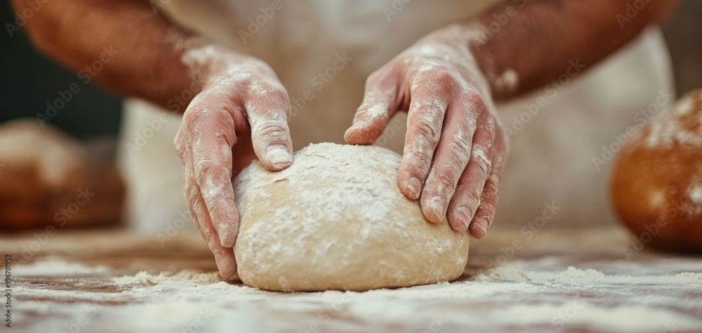Hands kneading dough on a floured wooden surface, rustic bakery setting. Hands kneading dough on a floured wooden surface, rustic bakery setting.