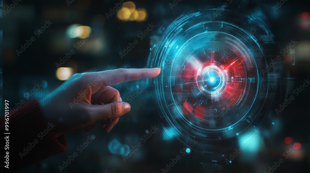 Target concept with a glowing hologram of bullseye and arrow hitting the center. Growth strategy. Goals achievement, success. Close up of businessman hand using hud screen on blurry dark background Target concept with a glowing hologram of bullseye and arrow hitting the center. Growth strategy. Goals achievement, success. Close up of businessman hand using hud screen on blurry dark background