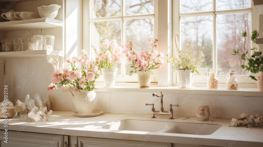 Kitchen room interior with flowers in vases Kitchen room interior with flowers in vases