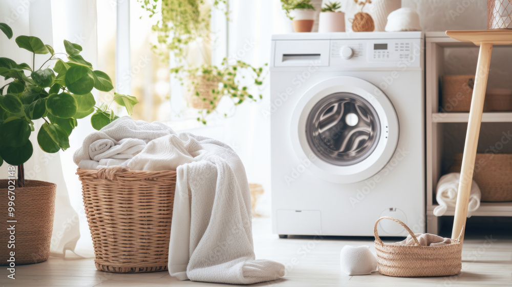 Interior of laundry room with modern washing machine Interior of laundry room with modern washing machine