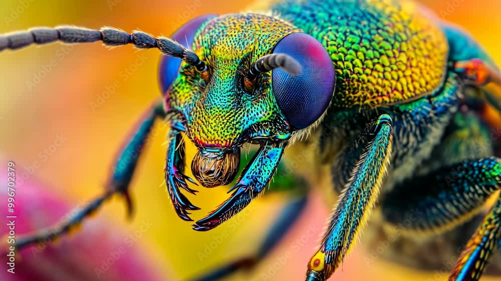 A close-up of a colorful beetle with iridescent green and blue hues, perched on a flower