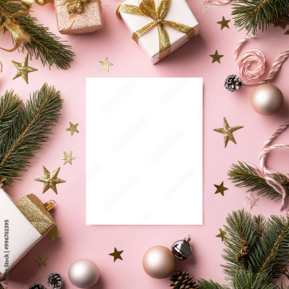 A festive arrangement featuring a blank space, surrounded by gifts, ornaments, and decorative elements against a pink background. A festive arrangement featuring a blank space, surrounded by gifts, ornaments, and decorative elements against a pink background.