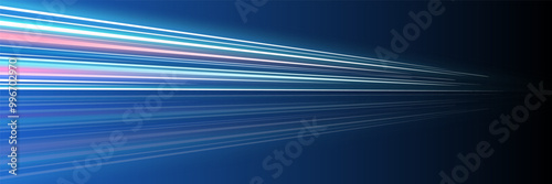 Motion luminous linear trails horizontal banner. High speed blue and pink glowing rays. Abstract long time exposure motion blur dynamic effect. Fast zoom light flash stripes. Eps