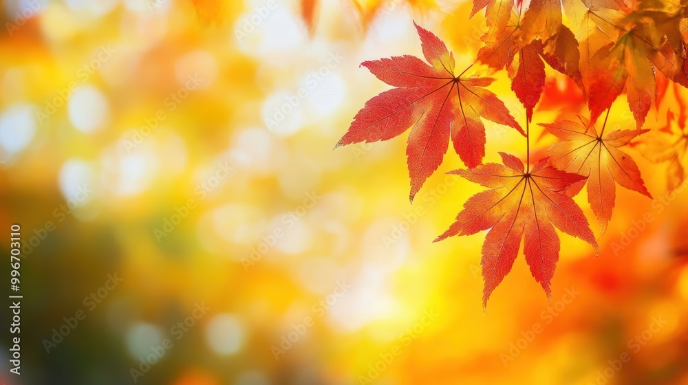 A few red maple leaves against a blurred background of yellow and orange leaves. A few red maple leaves against a blurred background of yellow and orange leaves.