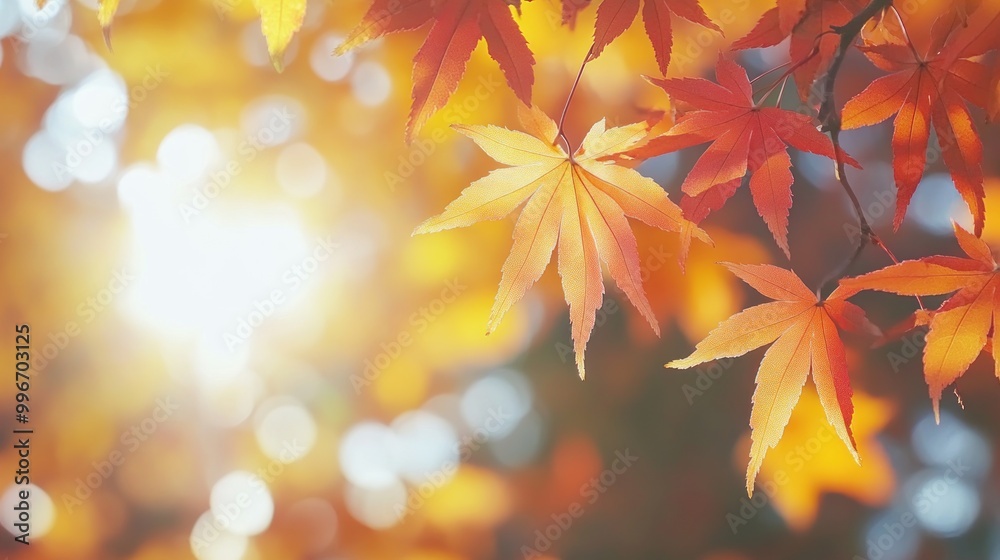 Golden and red maple leaves with sun shining through branches. Golden and red maple leaves with sun shining through branches.