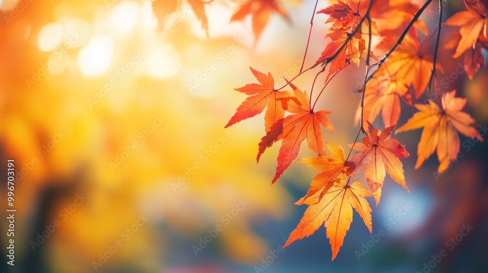 Vibrant orange maple leaves against a blurred golden and blue background. Vibrant orange maple leaves against a blurred golden and blue background.