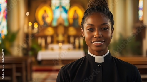 Young Afro American Female Priest with Kind Smile in Front of Church Altar for Religious Diversity and Inclusion photo