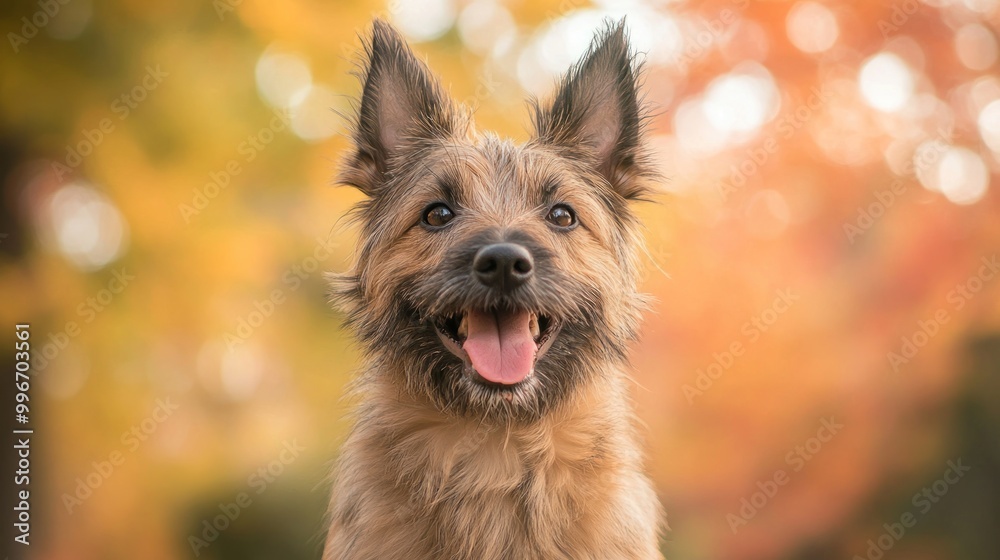 A cheerful dog with a happy expression against a backdrop of autumn leaves. A cheerful dog with a happy expression against a backdrop of autumn leaves.