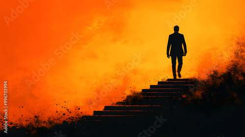 A Man in a Suit is Walking Up the Stairs Silhouetted Against Light 