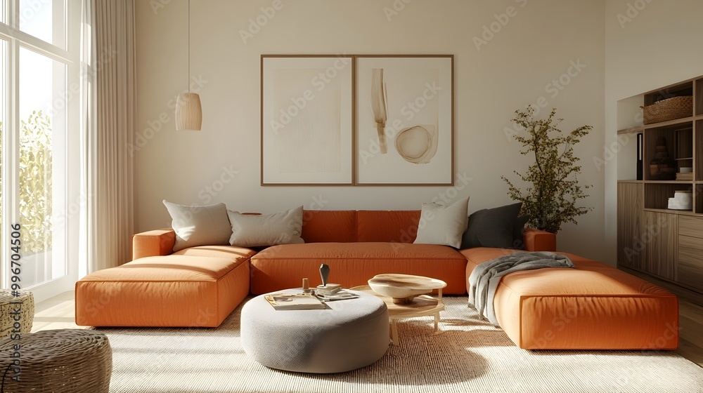 Bright and inviting Scandinavian inspired contemporary living room with a generously sized sectional understated decor elements and warm natural light flooding the serene and tranquil space