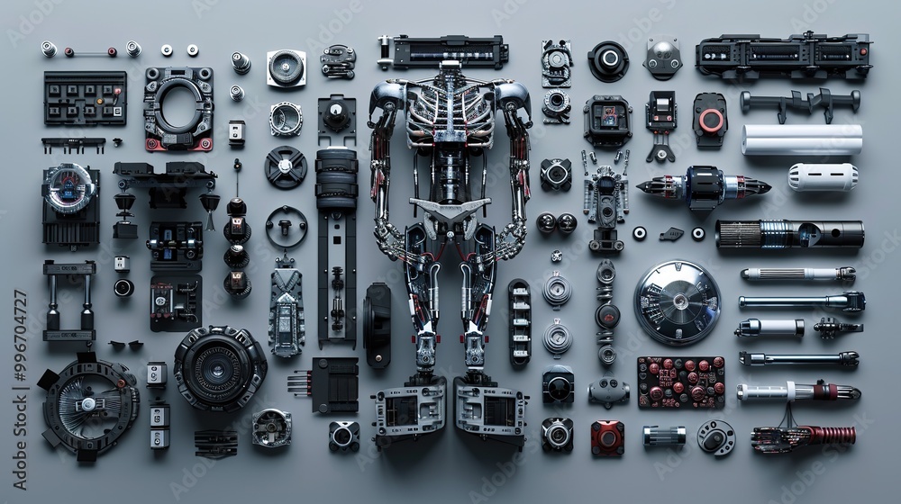 A collection of advanced robotics components arranged neatly A collection of advanced robotics components arranged neatly