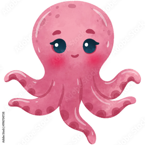 Cute Octopus Cartoon Sea Animals Watercolor Illustration