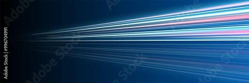 Motion luminous linear trails horizontal banner. High speed blue and pink glowing rays. Abstract long time exposure motion blur dynamic effect. Fast zoom light flash stripes. Perspective movement. Eps