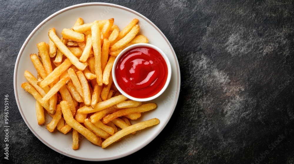 A plate of golden french fries with a small dish of ketchup on a black background. A plate of golden french fries with a small dish of ketchup on a black background.