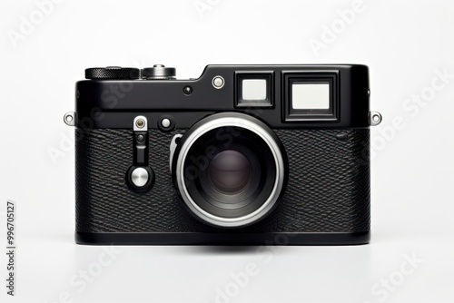 Black rangefinder camera black white background electronics.
