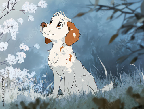 A cartoon Dog in a peaceful cold setting 