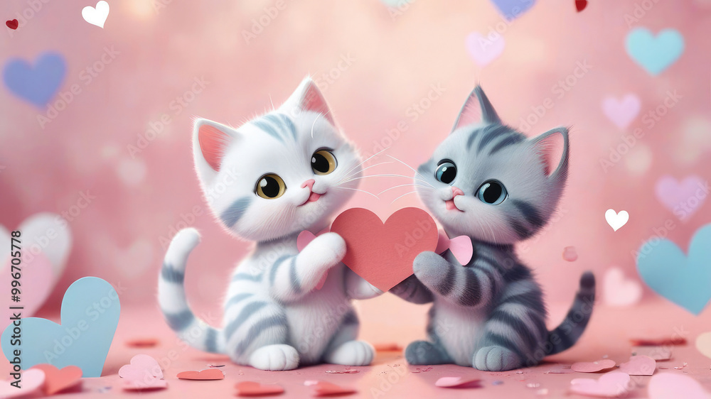 Adorable cats sitting together with holding a small heart-shaped card on a pastel pink background.