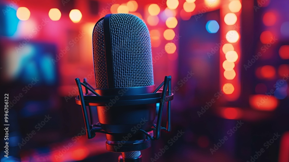 Close-up of a Microphone in a Recording Studio with Colorful Lights Close-up of a Microphone in a Recording Studio with Colorful Lights