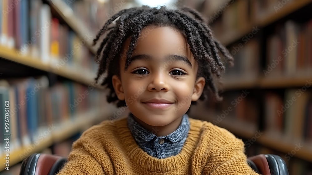 Happy young disabled mixed race school student in wheelchair reading a library book. African american child with disability learning. Inclusive & diverse education Happy young disabled mixed race school student in wheelchair reading a library book. African american child with disability learning. Inclusive & diverse education
