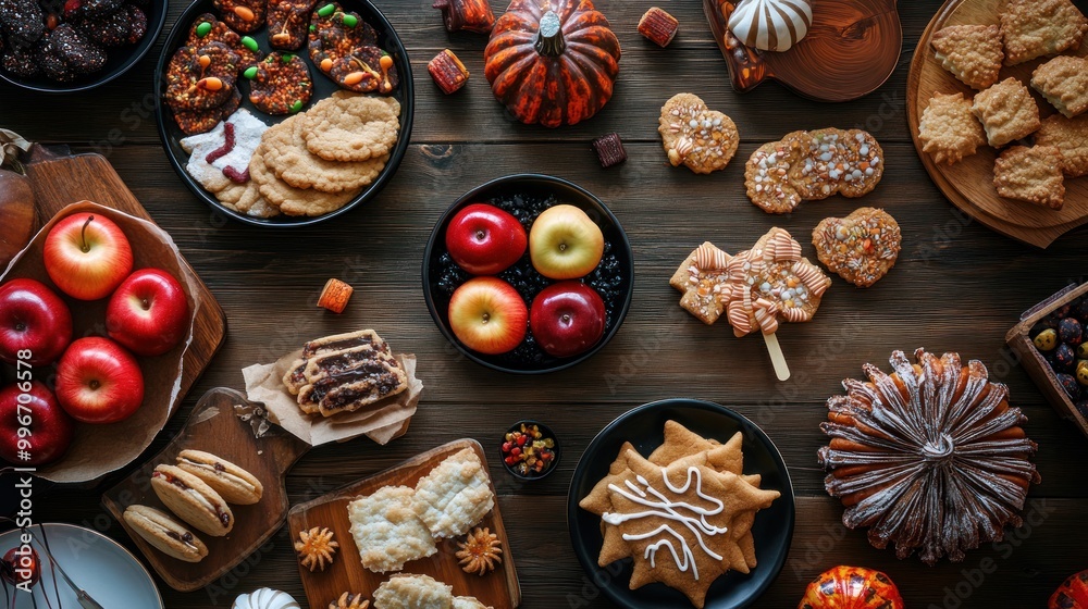 A scene of a rustic Halloween treat table set against a backdrop of dark wood. top view. A selection of cookies, candies, candied apples, and sweets A scene of a rustic Halloween treat table set against a backdrop of dark wood. top view. A selection of cookies, candies, candied apples, and sweets
