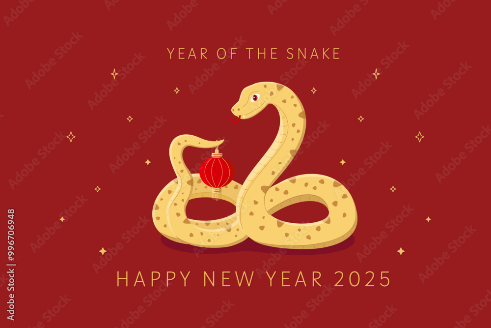 Golden snake holding Chinese lantern on red background, symbol of the year 2025. Lunar new year of the snake cute vector illustration. Design of background, card, calendar, sticker Golden snake holding Chinese lantern on red background, symbol of the year 2025. Lunar new year of the snake cute vector illustration. Design of background, card, calendar, sticker