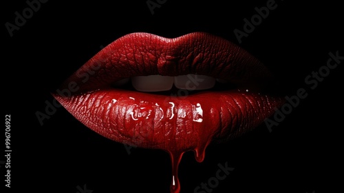 Close up of red, glossy lips with dripping lipstick on a black background. photo