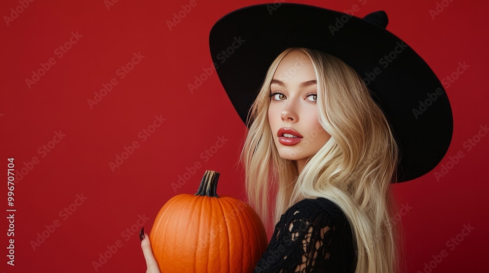 On a red background, a young blonde wearing a black hat and costume. attractive model who is Caucasian. Halloween, Cyber Monday, Black Friday, Sales, and the autumn theme. Make copies. Pumpkin in hand On a red background, a young blonde wearing a black hat and costume. attractive model who is Caucasian. Halloween, Cyber Monday, Black Friday, Sales, and the autumn theme. Make copies. Pumpkin in hand