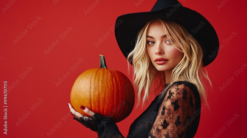 On a red background, a young blonde wearing a black hat and costume. attractive model who is Caucasian. Halloween, Cyber Monday, Black Friday, Sales, and the autumn theme. Make copies. Pumpkin in hand On a red background, a young blonde wearing a black hat and costume. attractive model who is Caucasian. Halloween, Cyber Monday, Black Friday, Sales, and the autumn theme. Make copies. Pumpkin in hand