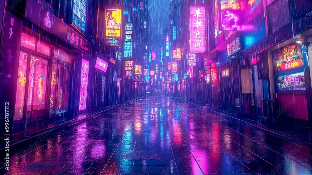 Neon-Lit Rainy Alleyway in a Vibrant Asian City