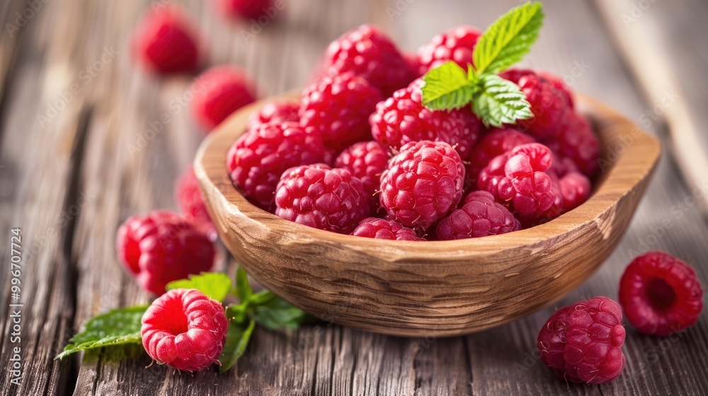 Bowl of fresh raspberries on a wooden surface with green leaves. Healthy eating and organic food concept. Bowl of fresh raspberries on a wooden surface with green leaves. Healthy eating and organic food concept.