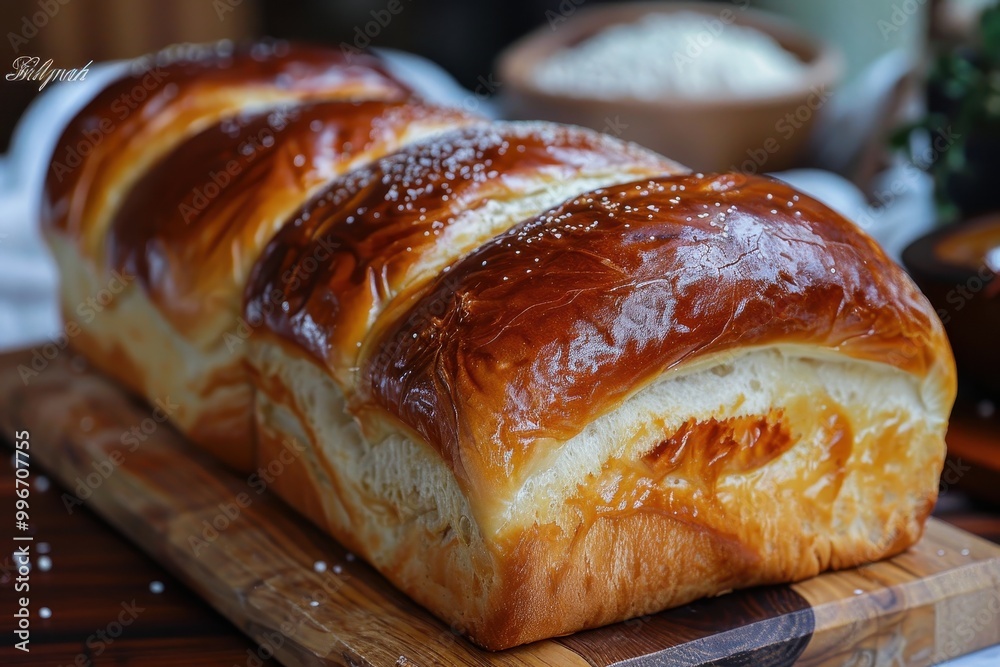 A long brown bread loaf sits on a wooden cutting board A long brown bread loaf sits on a wooden cutting board