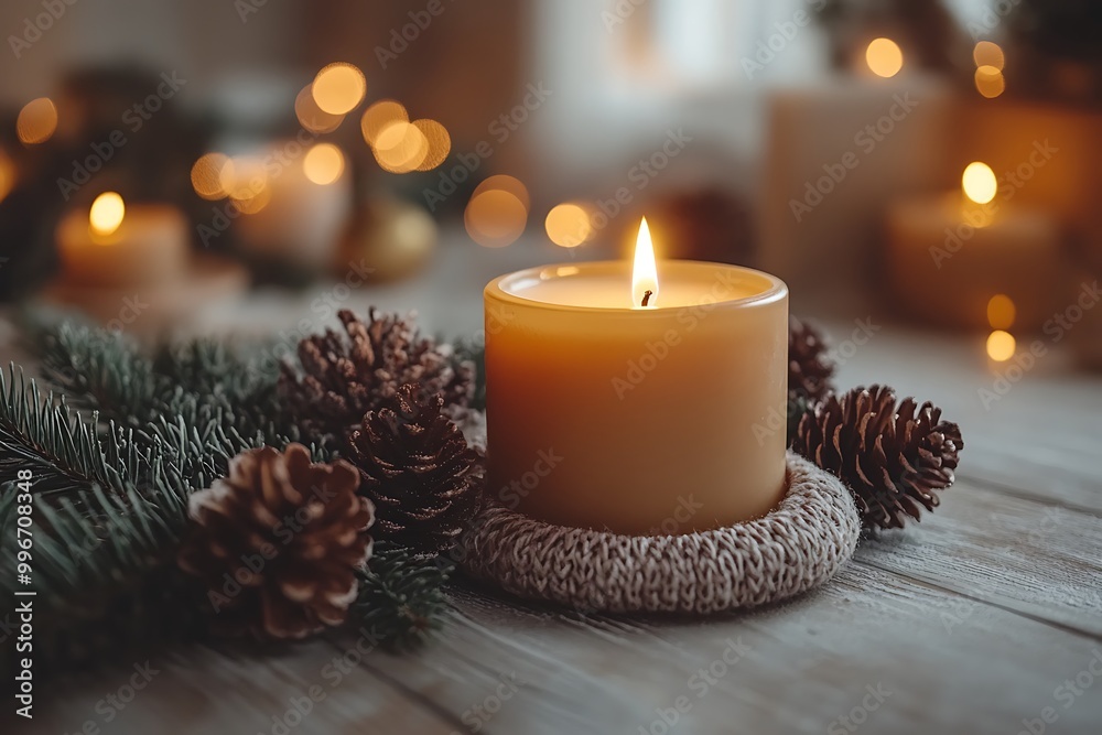 Aromatic candle with pine cones and fir branches on a wooden table Aromatic candle with pine cones and fir branches on a wooden table