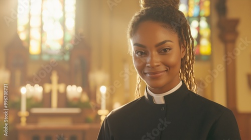 African American Female Priest Smiling in a Church with Stained Glass Windows, Ideal for Religious and Inspirational Themes photo