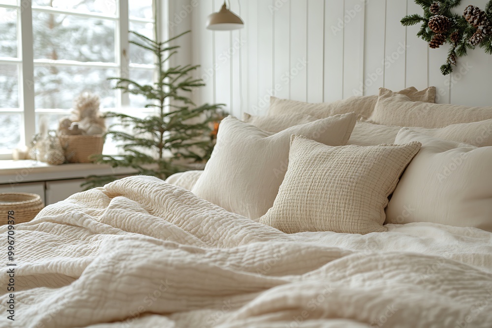 A cozy bedroom decorated for Christmas with a view of a snowy winter landscape A cozy bedroom decorated for Christmas with a view of a snowy winter landscape