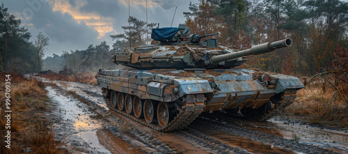 Main battle tank parked under clouds with army green flag and blue tarp in wooded area during daylight photo