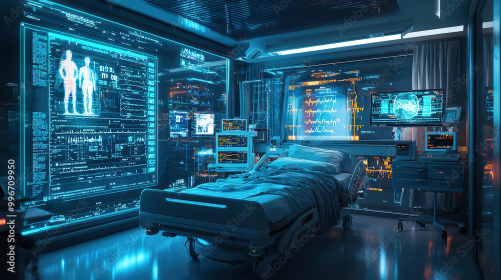 Obraz premium A futuristic hospital room featuring advanced holographic patient charts and real time vital signs monitoring. sleek design and glowing screens create high tech atmosphere