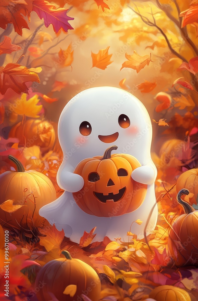 Naklejka premium A ghost, wielding a pumpkin in hand, stands amidst a field of leaves In the foreground, a solitary pumpkin lies; behind the ethereal figure,