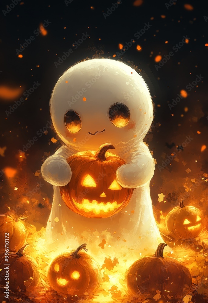 A small ghost, clutching a jack-o-lantern, stands before an array of jack-o-lanterns A small ghost, clutching a jack-o-lantern, stands before an array of jack-o-lanterns