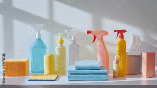 Cleaning Supplies and Accessories Arranged on a Countertop photo