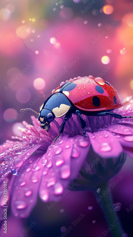 Fototapeta premium A ladybug atop a purple flower, petals speckled with water drops, blurred background