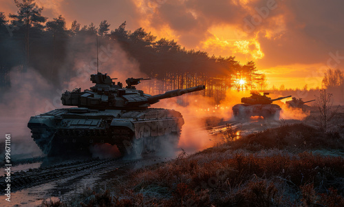 Main battle tanks conduct live-fire training at an army training camp during sunset