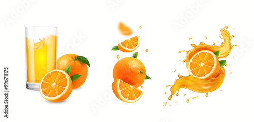 Set of fresh whole and sliced orange fruits. Isolated set of fresh citrus juice splashes. Whole and half orange slices. 3d realistic vector juice or drink illustration