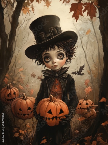  A painting of a small girl in a top hat, holding two jack-o-lantern pumpkins