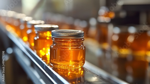 Several jars of golden creamed honey are moving along a stainless steel production line, showcasing a busy commercial facility focused on honey processing