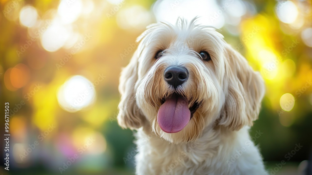 A cheerful dog with a playful expression, set against a warm, blurred background. A cheerful dog with a playful expression, set against a warm, blurred background.