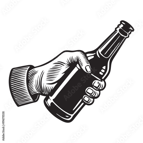 Beer bottle linocut illustration with hand holding