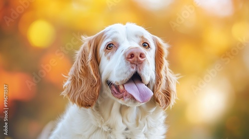 A happy dog with a playful expression in a vibrant autumn setting.