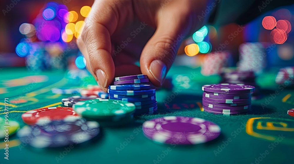 A Hand Placing a Stack of Casino Chips on a Green Felt Table